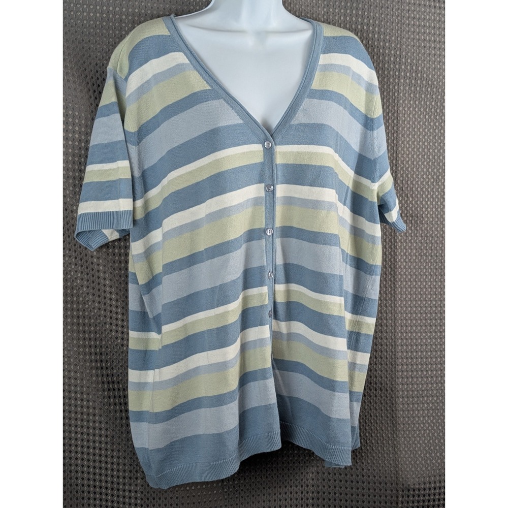 Cherokee Womens 1X Blue Green Striped Short Sleeve V-Neck Button Front Cardigan